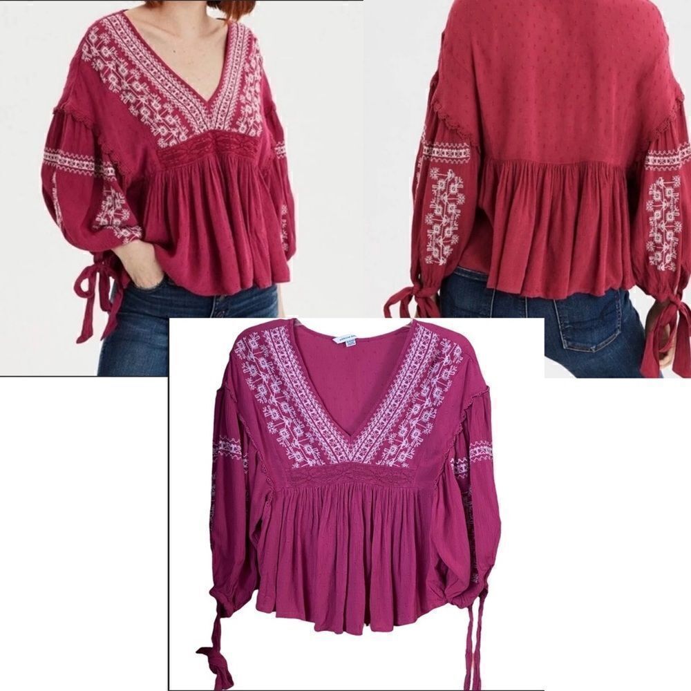 American Eagle Pink Boho Embroidered Top Size XS